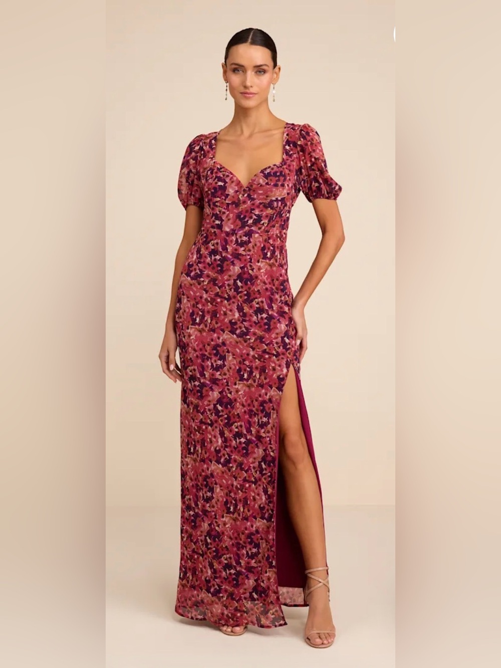 Lulu's Pink & Purple Floral Puff-Sleeve Maxi Dress with Side Slit